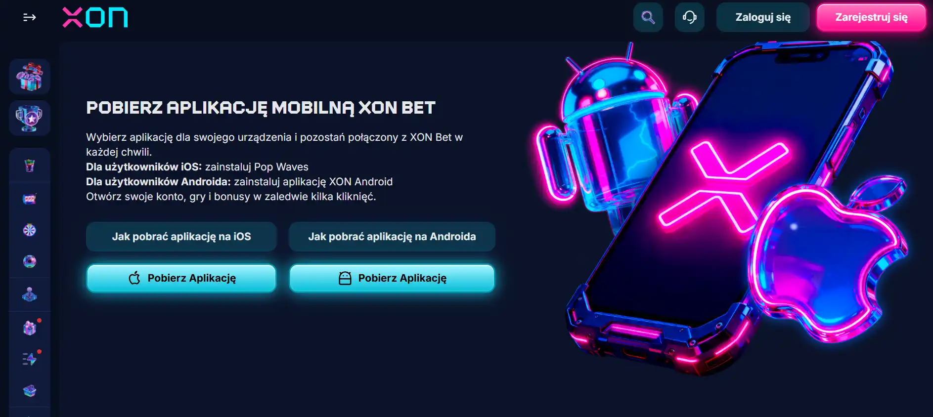 Widok oficjalnej strony aplikacji XON.BET z opcjami Android i iOS