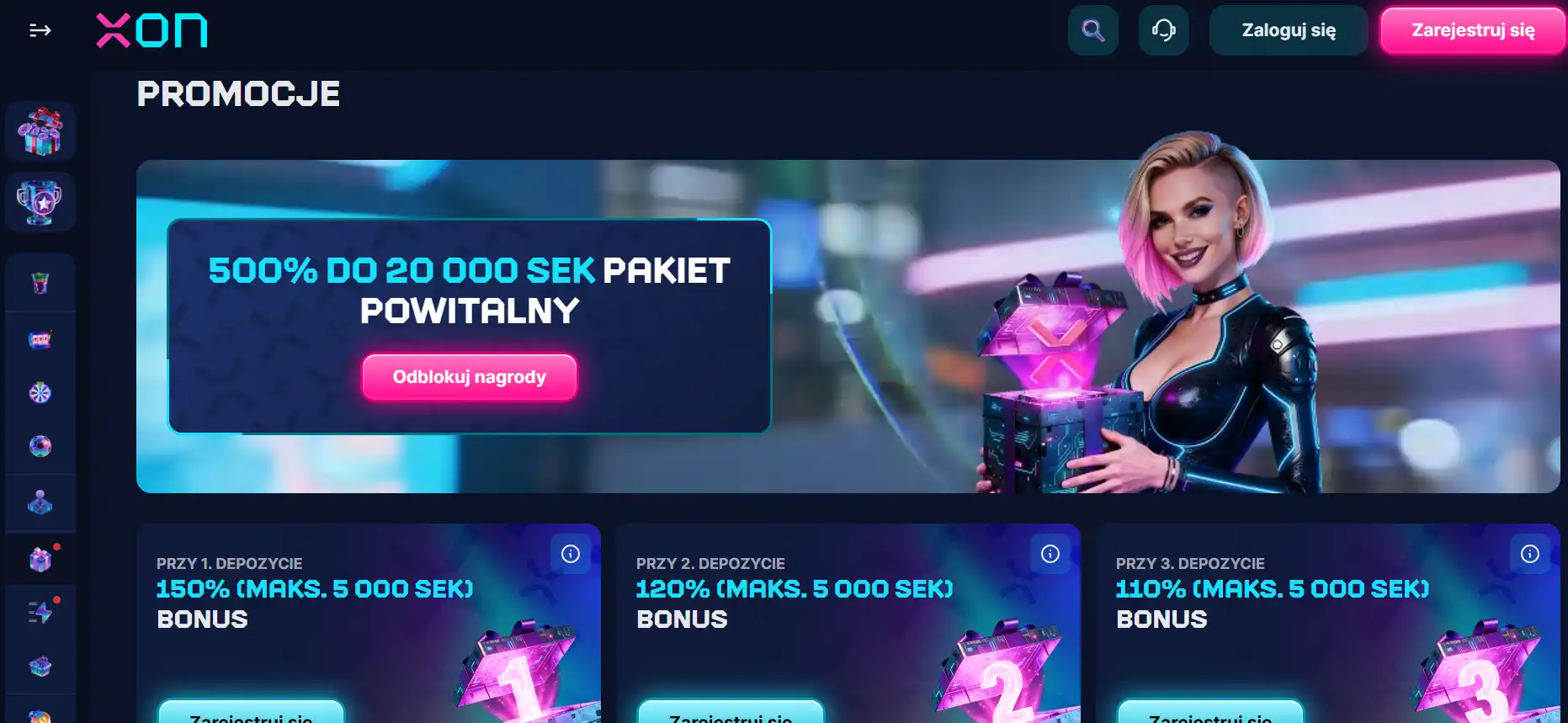 Widok polskiej strony promocji XON.BET z czterema etapami bonusu