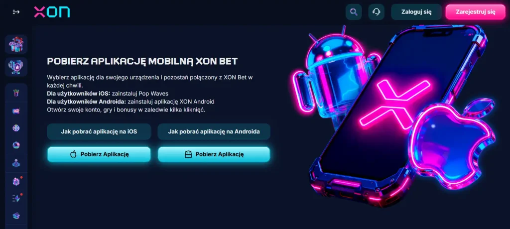 Rzeczywista oficjalna strona aplikacji XON.BET z wyborem Android i iOS