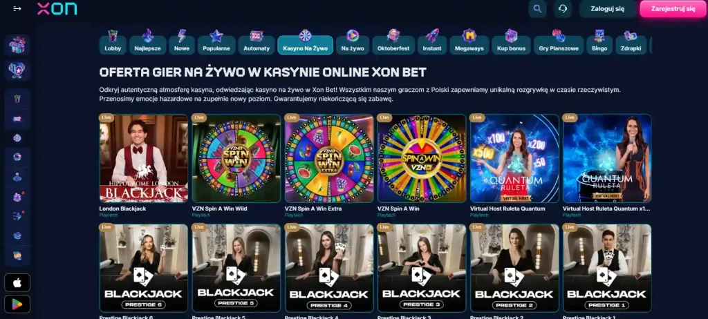 Rzeczywista sekcja live casino XON.BET z grami prowadzonymi na żywo