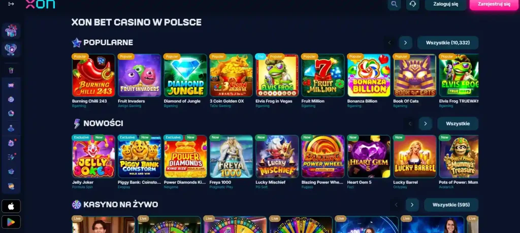 Rzeczywiste lobby gier XON.BET z kategoriami kasynowymi