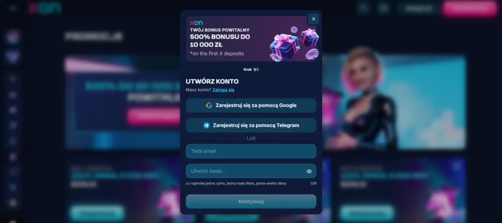 Rzeczywisty ekran logowania lub rejestracji XON.BET bez danych użytkownika